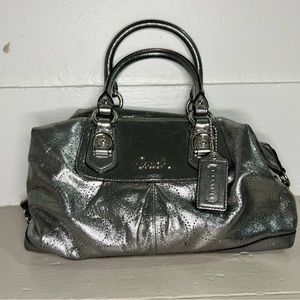 Coach Ashley Silver Metallic Leather Logo Perforated Satchel Purse Handbag W Bag